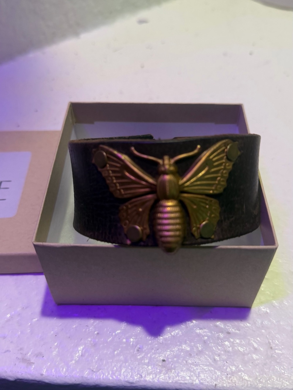 Adobe Wide Brown Leather Cuff Bracelet with Brass Butterfly Accent